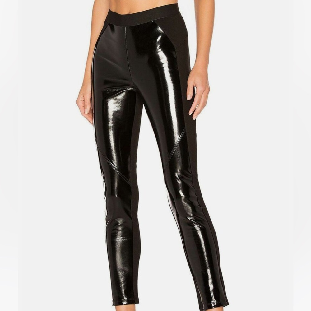 NWT DAVID LERNER Bergen Black Vegan Patent Leather Jersey Combo Leggings